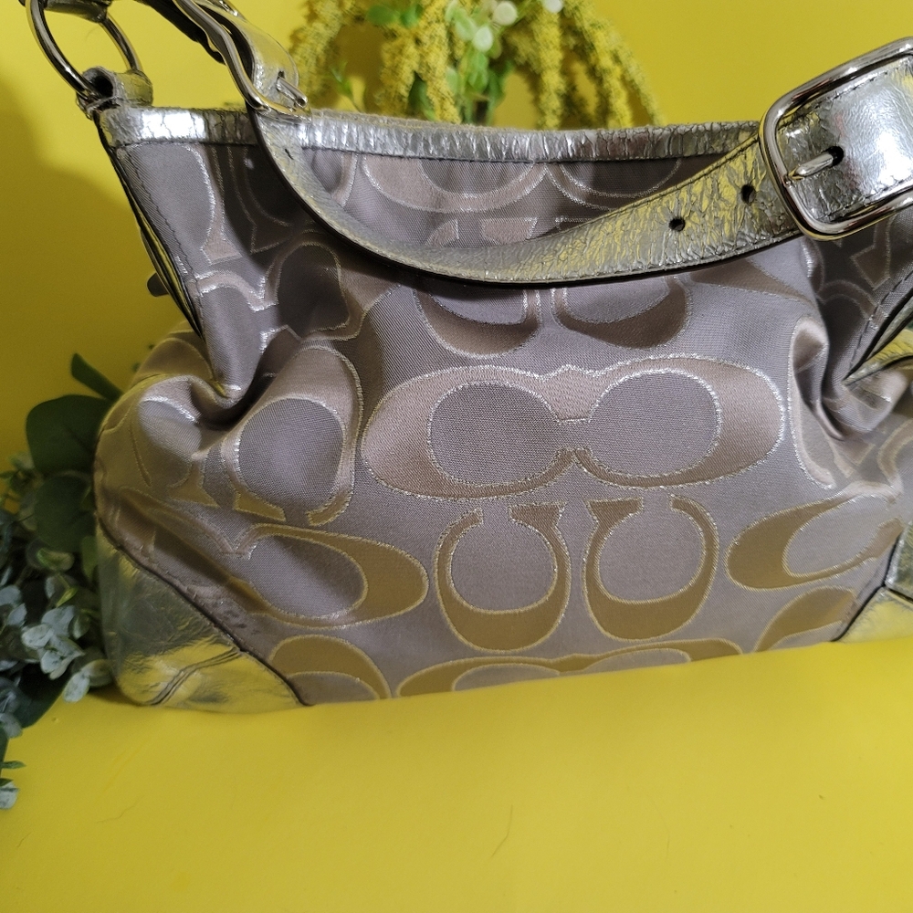 Coach Peyton White Silver Satin Canvas Logo Metallic Hobo Bag